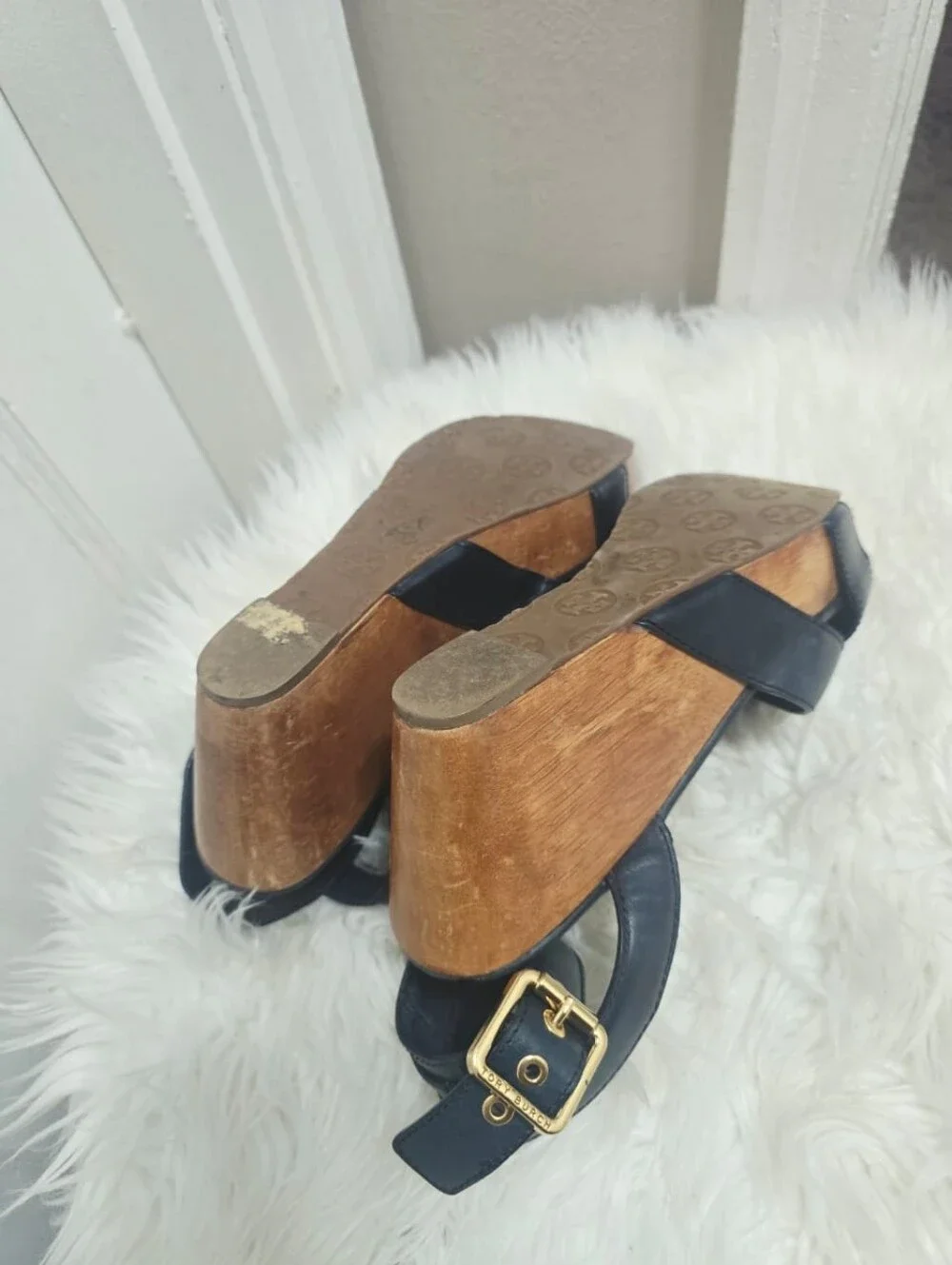 Tory Burch Almita Black Leather Ankle Strap Platform Wedge Sandals size 8.5M